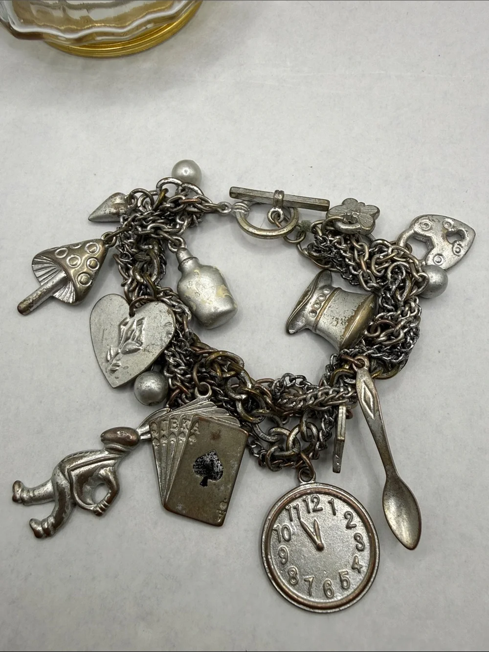 Alice & Wonderland Silver tone Charm Bracelet rabbit Playing Cards Charms as is